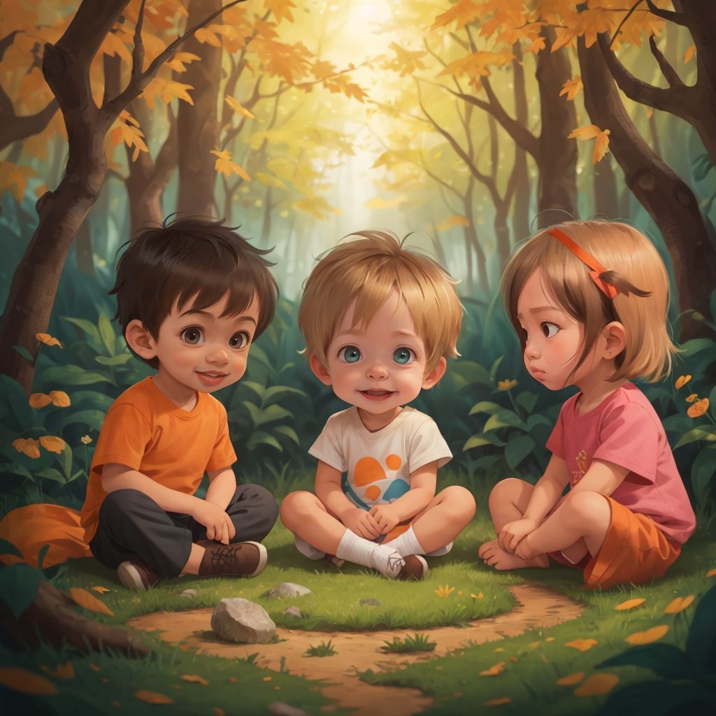 Ewan, Ando, and Elowyn standing in a magical forest with orange grass, orange light.