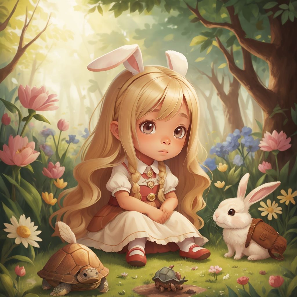 Lilly talking to a rabbit named Benny in an enchanted garden with a wise old turtle nearby.