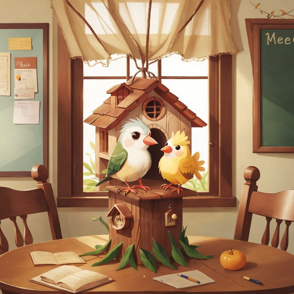 A decorated heated birdhouse in a classroom corner, Birdman and his parents inside