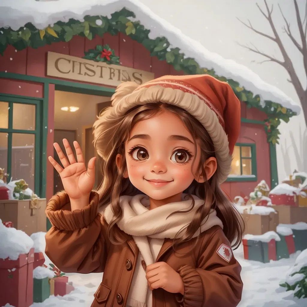 Sarah waving goodbye at christmas gift and toys factory, looking tired but happy. Snowy day