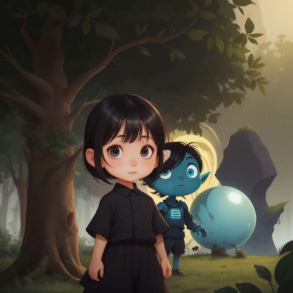 Mahi standing in her backyard, looking surprised as two aliens, Alien s37 and Alien d48, step out of a shiny object near her favorite tree