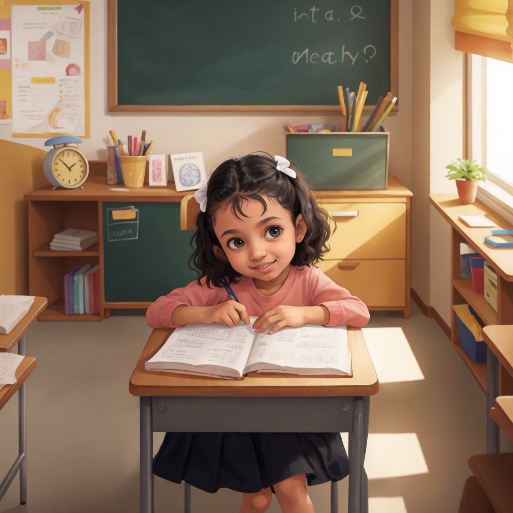 Mayar sitting at her desk in a classroom, looking excited with a big smile