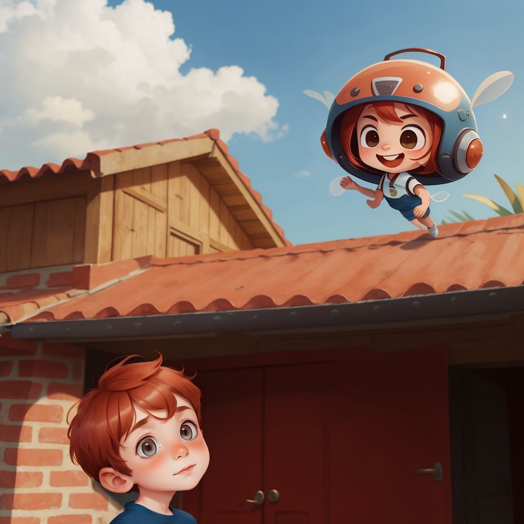 Ali standing outside his house, looking up at Groog arriving in a flying saucer. Ali is excited and smiling.