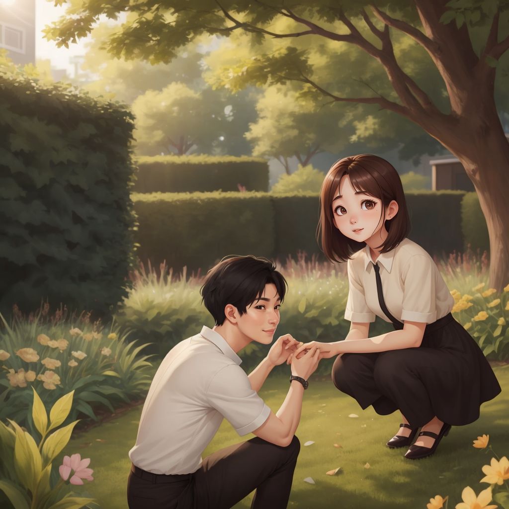Ли on one knee proposing to Анна in a sunny garden, Анна smiling brightly