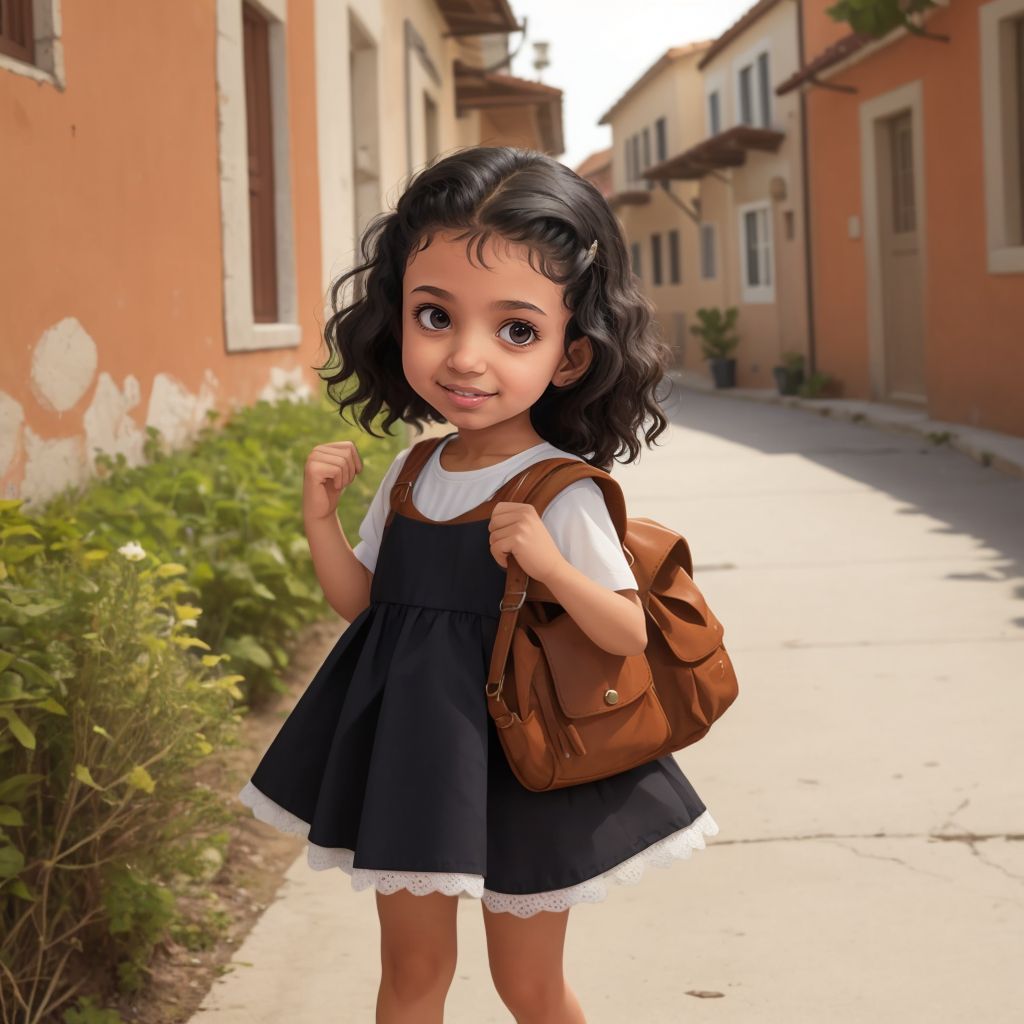 Mayar outside, wearing her favorite dress and carrying a new backpack, looking eager