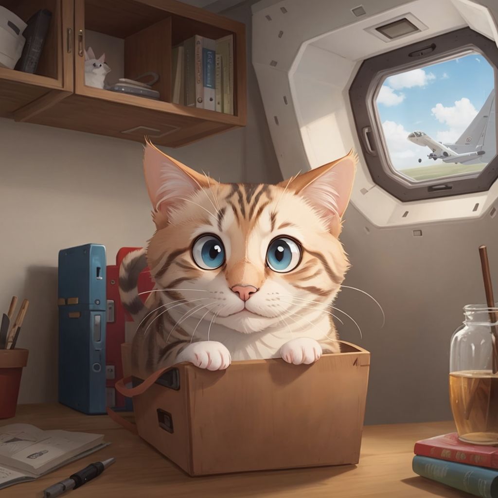 Whiskers the cat inside a spaceship, looking out the window at Earth getting smaller