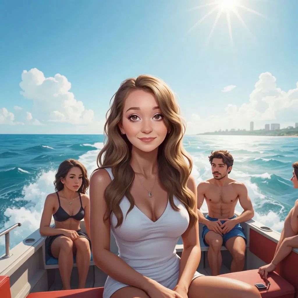 Claudia with a group of friends on a small boat, the sea shimmering under the bright sun