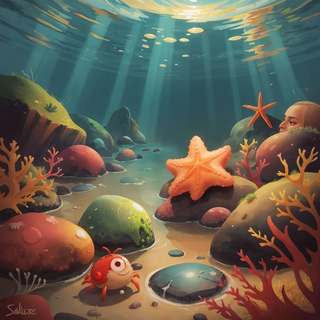 A sparkling tide pool filled with fresh seawater. Stella the Starfish admiring glowing algae. Shelly the Hermit Crab adding her shiny pebble to colorful stones. Inky, Shelly, Stella, and Billy watching proudly.