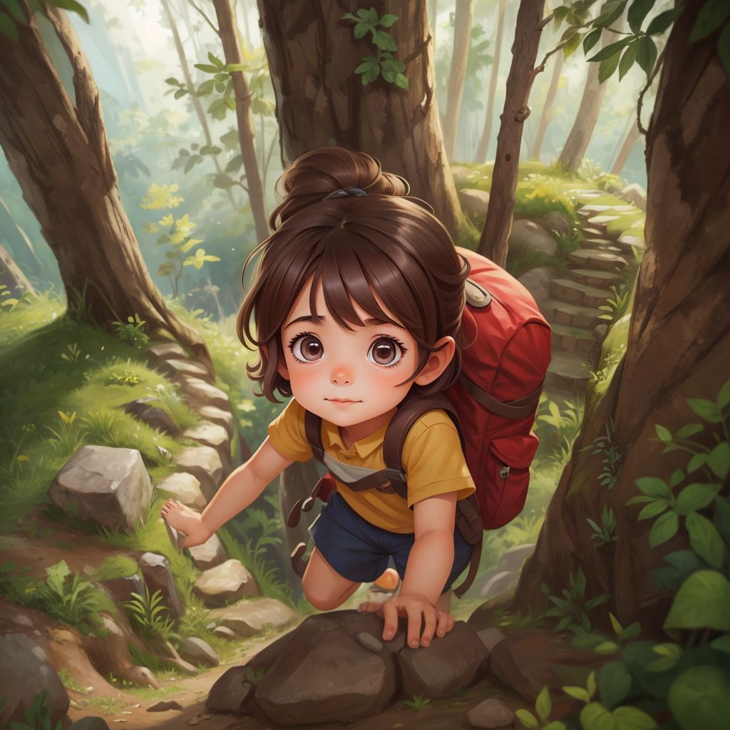 Antonia climbing a steep path with determination on her face, roots and stones around her