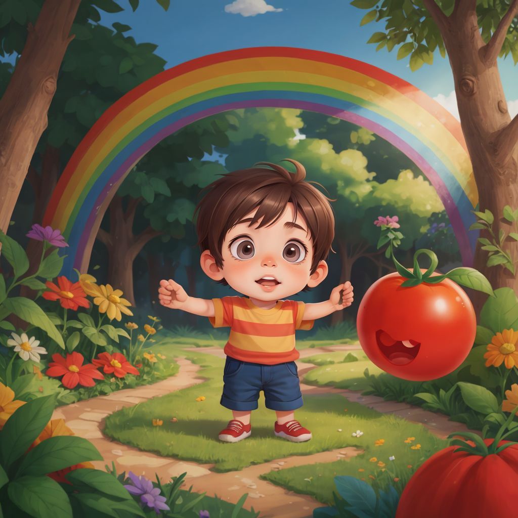 Benny standing in the colorful Rainbow Garden, with Tommy the Tomato smiling at him