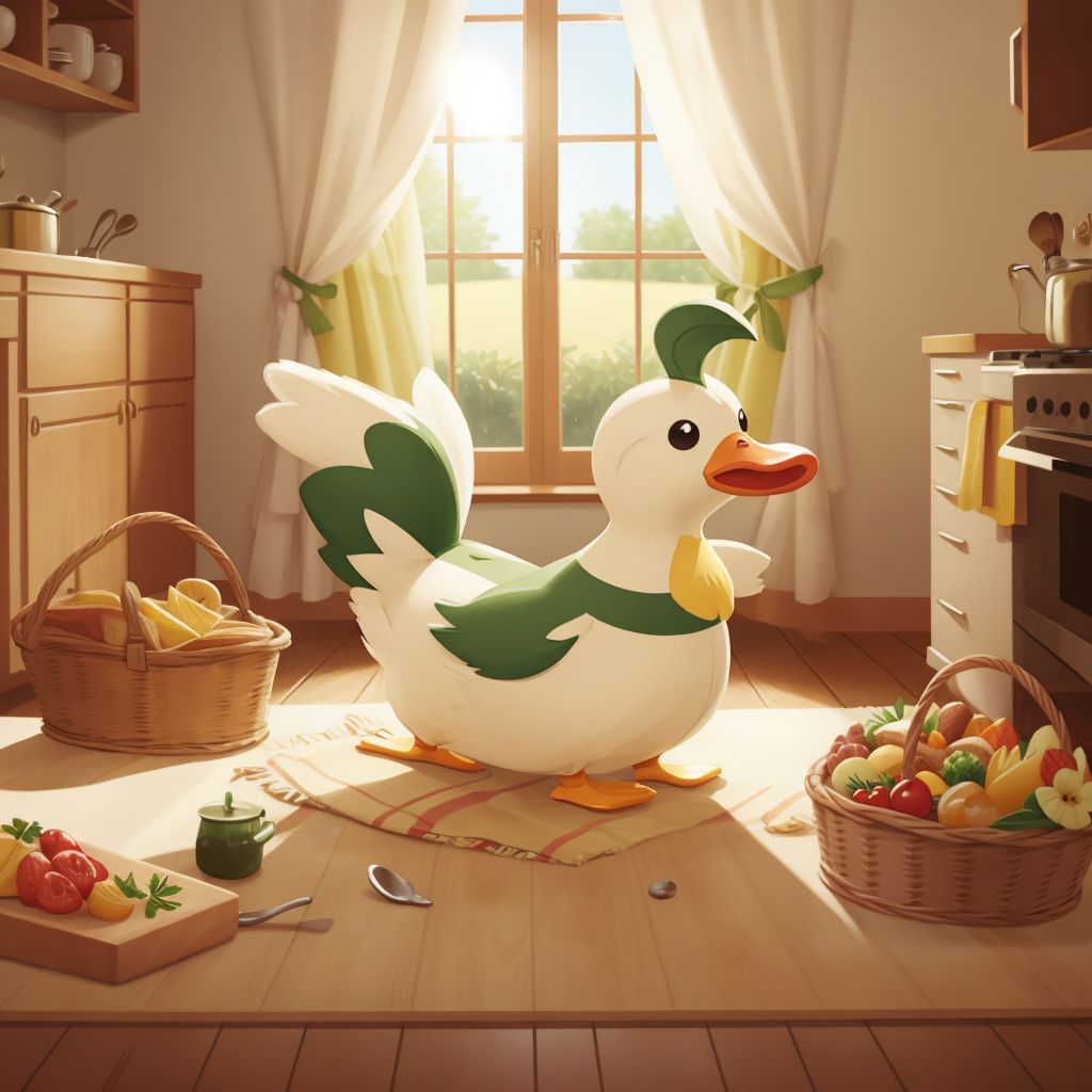 Quackers the duck, excitedly gathering items for the picnic basket in a sunny kitchen