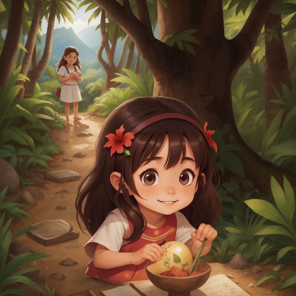 Hana discovering a mysterious message in a sacred bowl during a family hike in the Hawaiian mountains