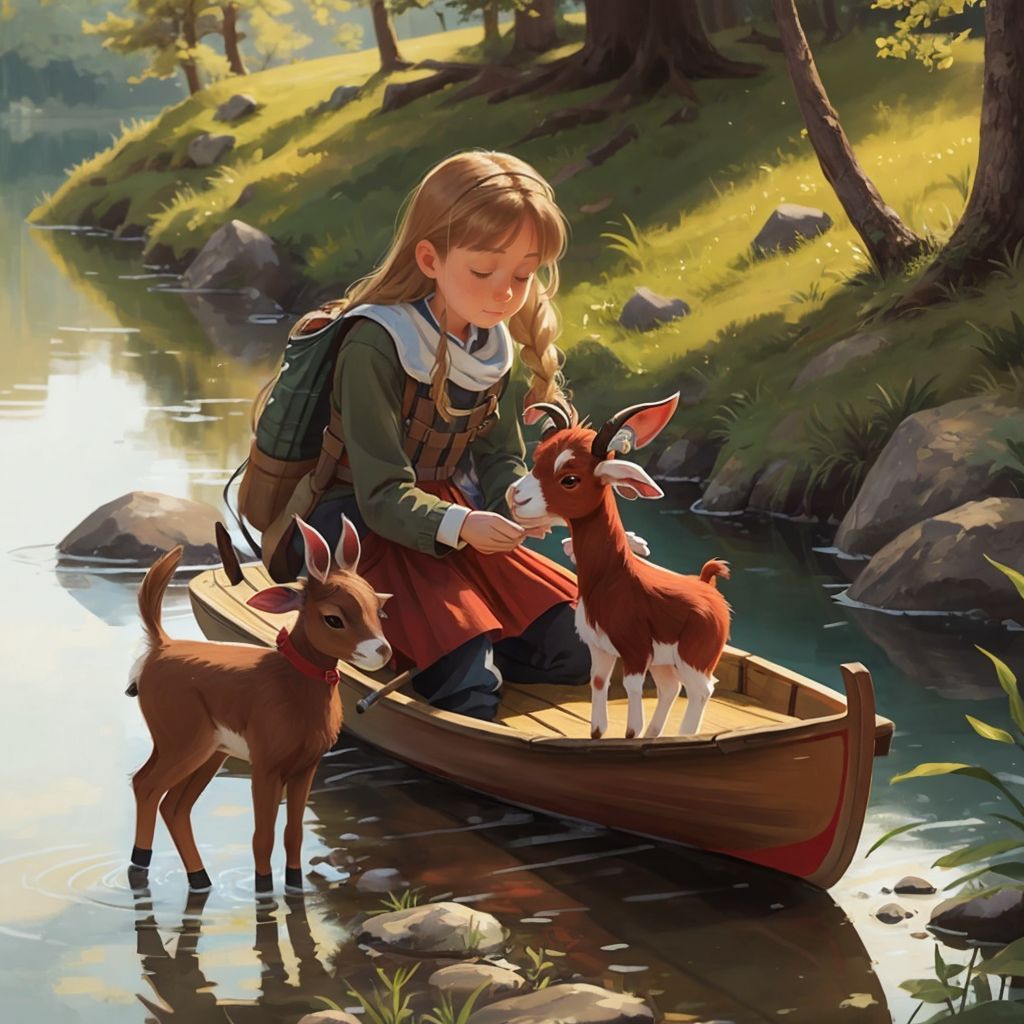 Amanda helping Rebel into a canoe while Trouble steps in carefully. The background shows a calm, sparkling lake.