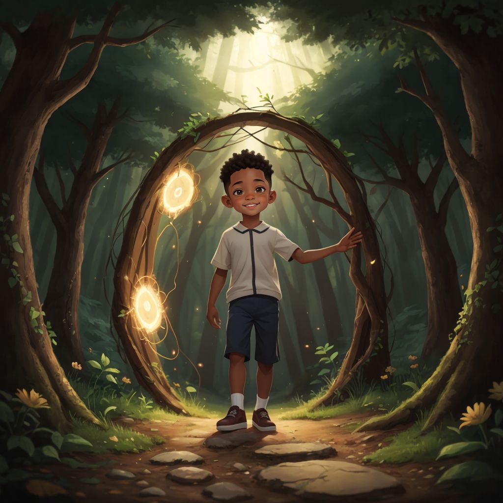 Za'Chari stepping through a glowing portal with a look of gratitude, the enchanted forest visible behind him.