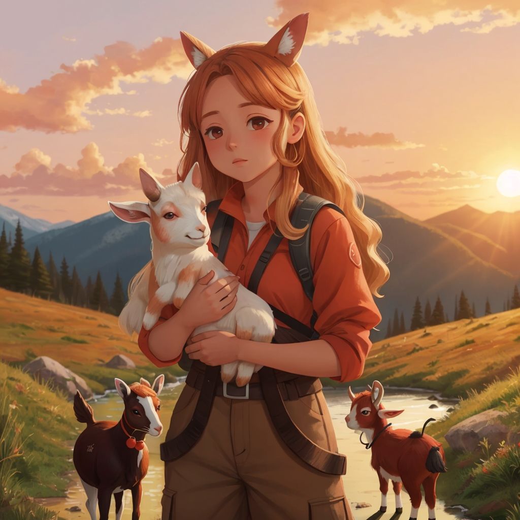 Amanda and her mom admiring a beautiful sunset. Trouble and Rebel stand quietly. The background shows a sky painted with shades of orange, pink, and purple.