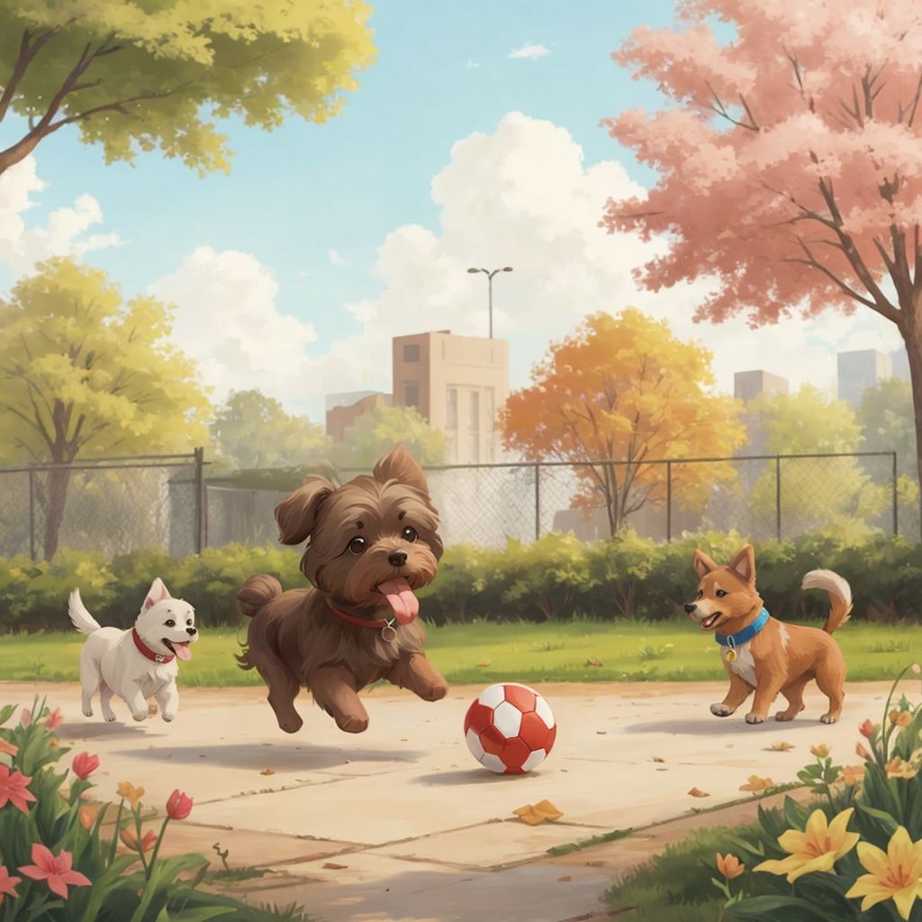 Huggy playing ball with other dogs in the park, looking happy and careful