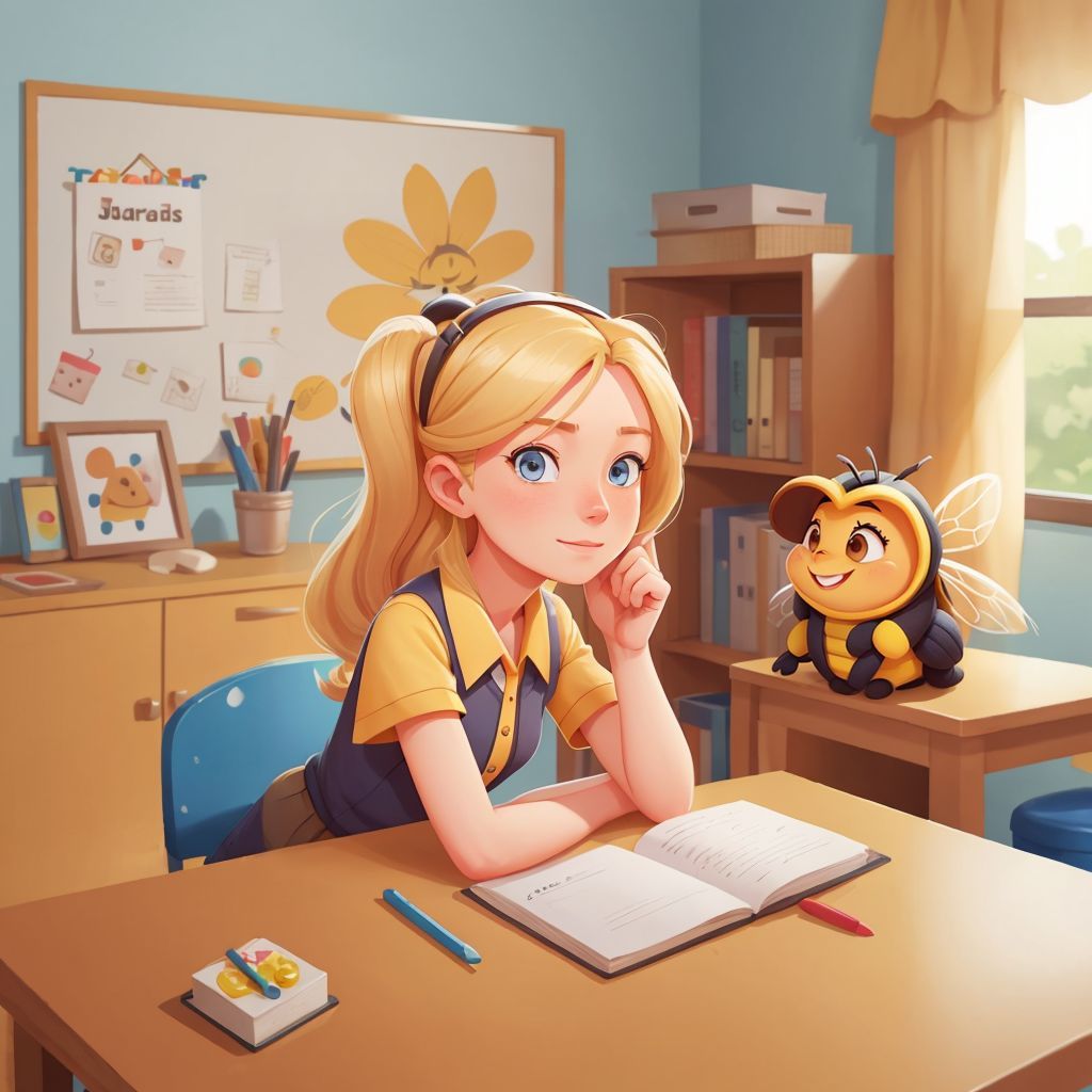 Mrs. B with long blonde hair and blue eyes warmly welcoming Little Bee into a colorful daycare