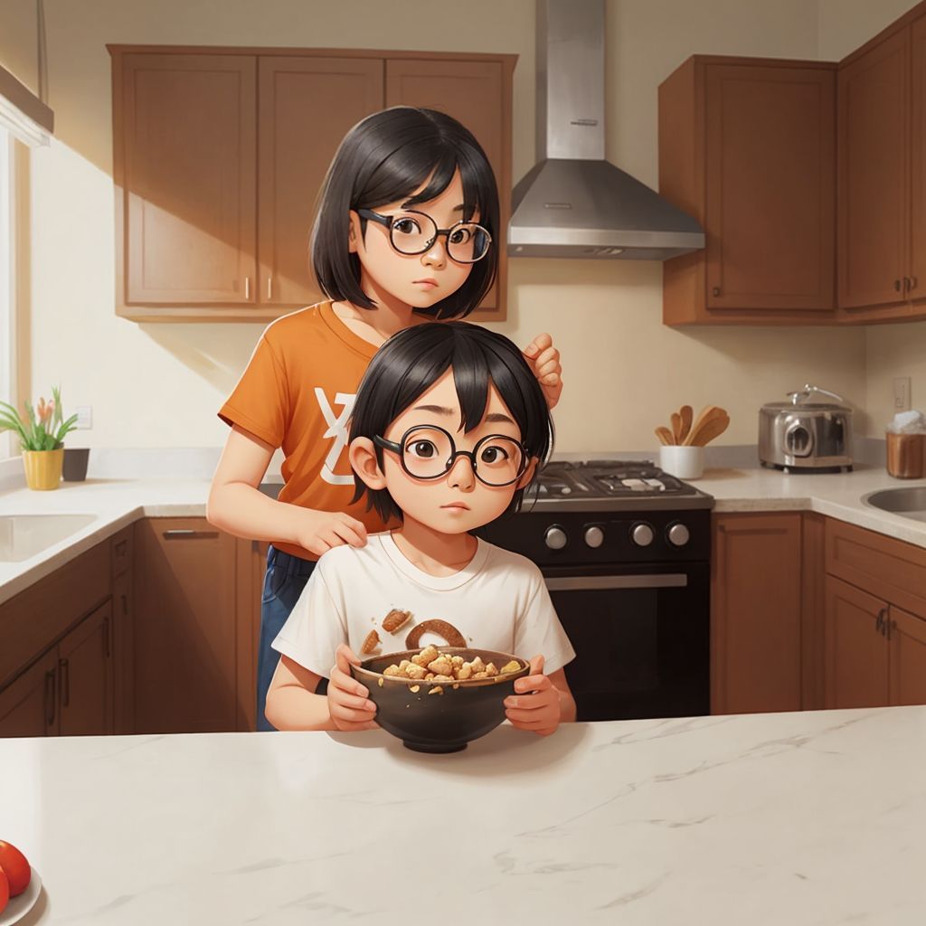 Tommy and his mom in the kitchen, experimenting with crumbled toast in a bowl