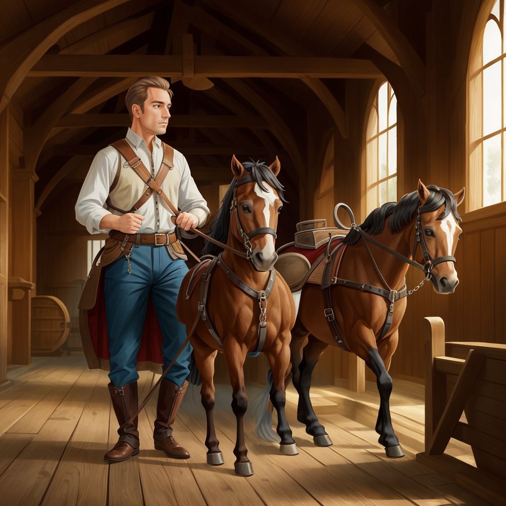 A young colt being fitted with a harness by the Master, ready to pull the King's carriage.