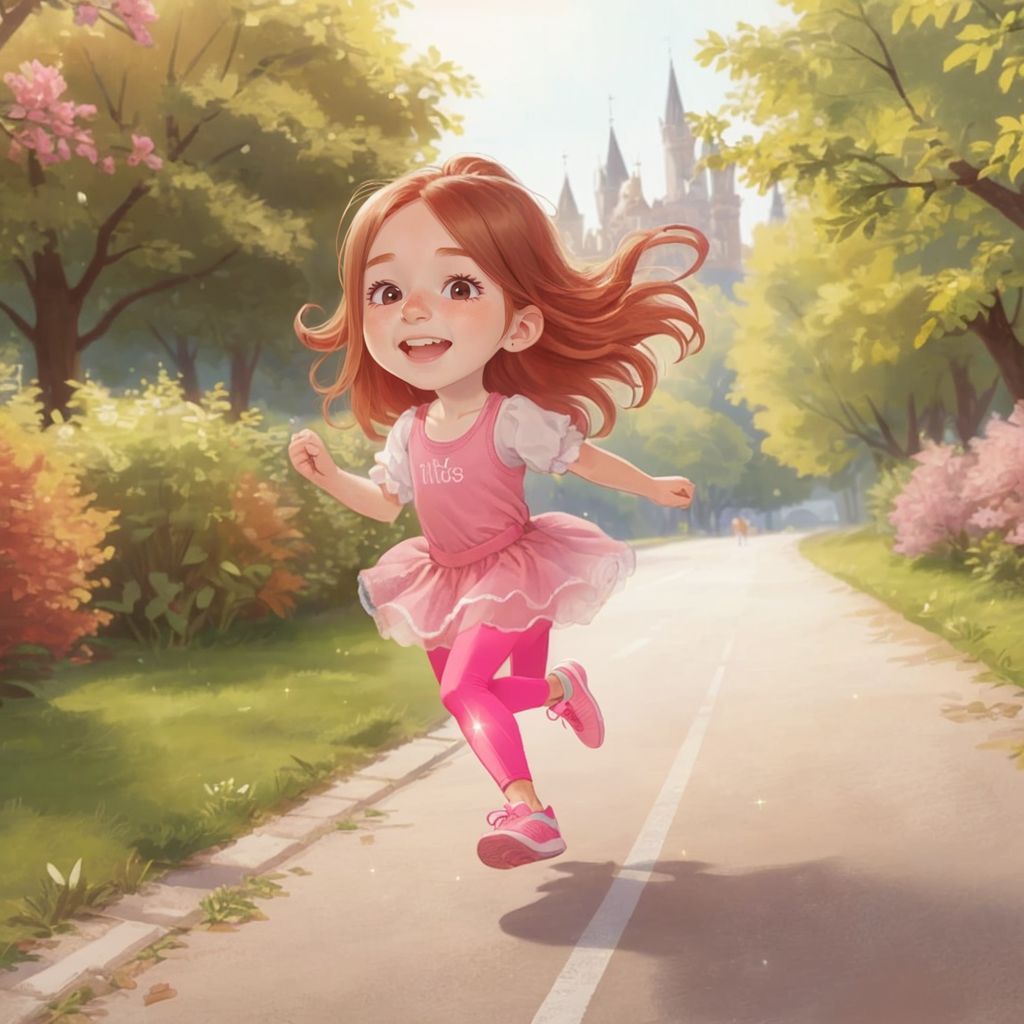 Grace holding her sparkly pink running shoes tightly with a surprised smile on her face.