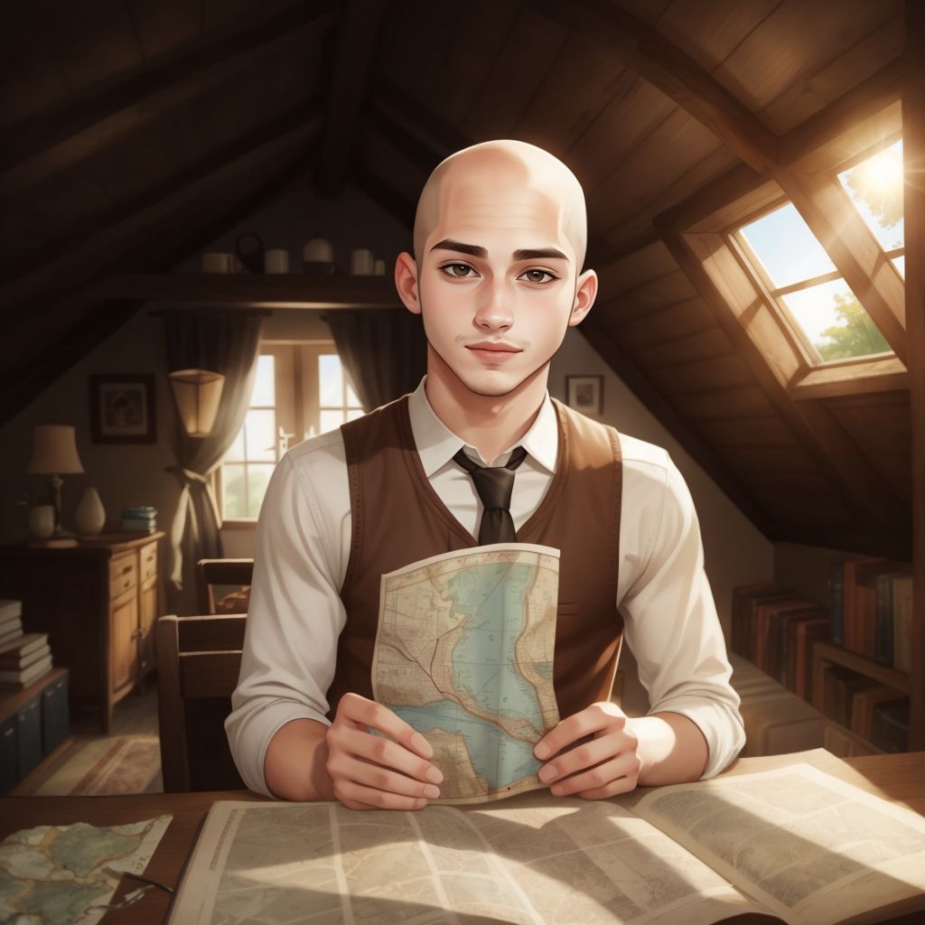 Adam smiling and holding an old map in his attic, with sunlight streaming through a window.