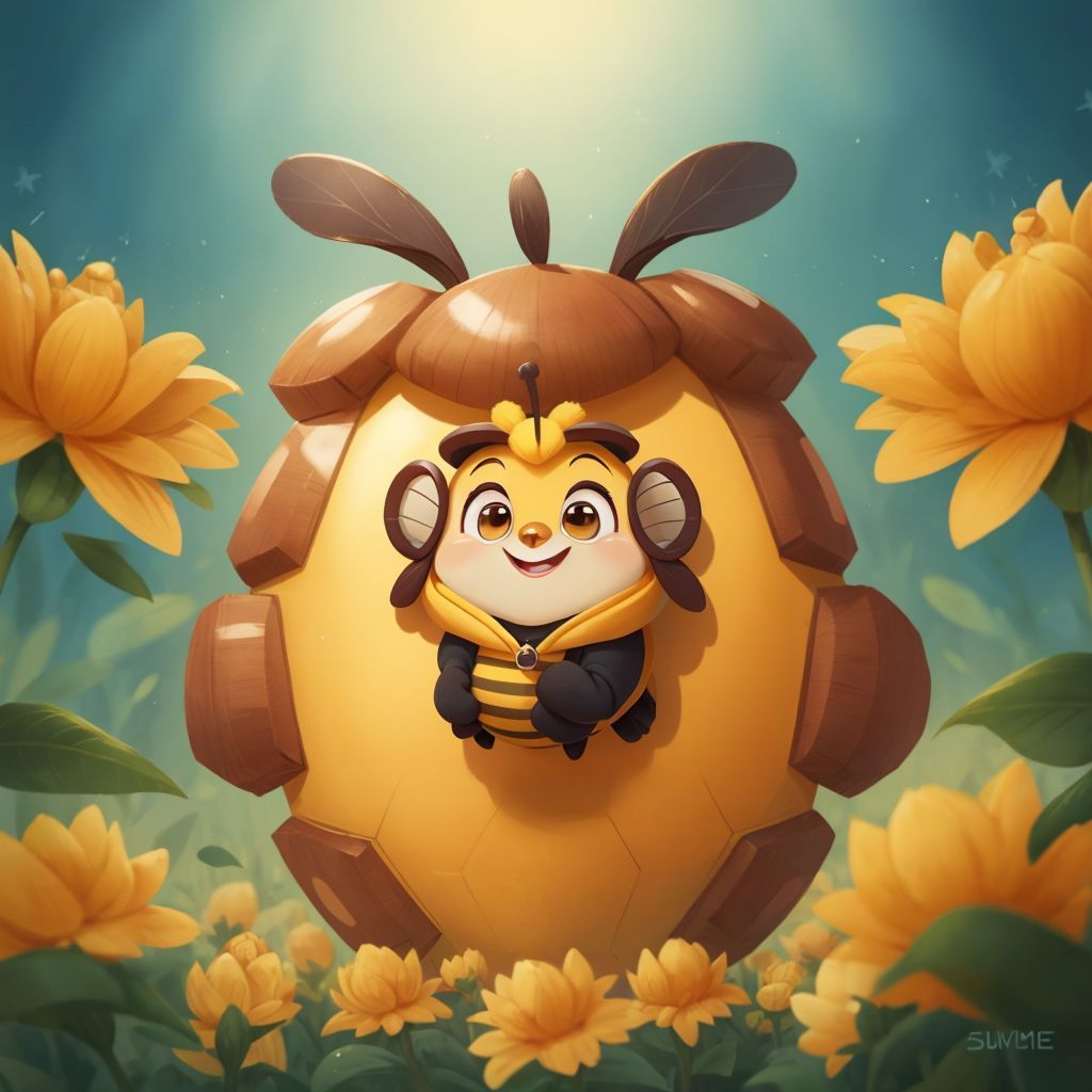 A happy cartoon animated Little Bee looking excited in a bright and buzzing hive