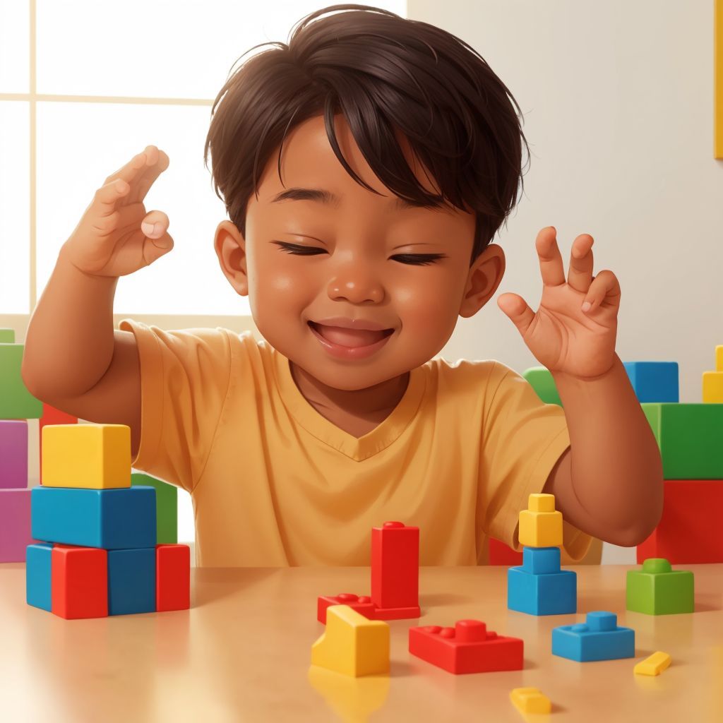 Kai clapping his hands with joy while playing with building blocks. Soft music notes are depicted in the background.