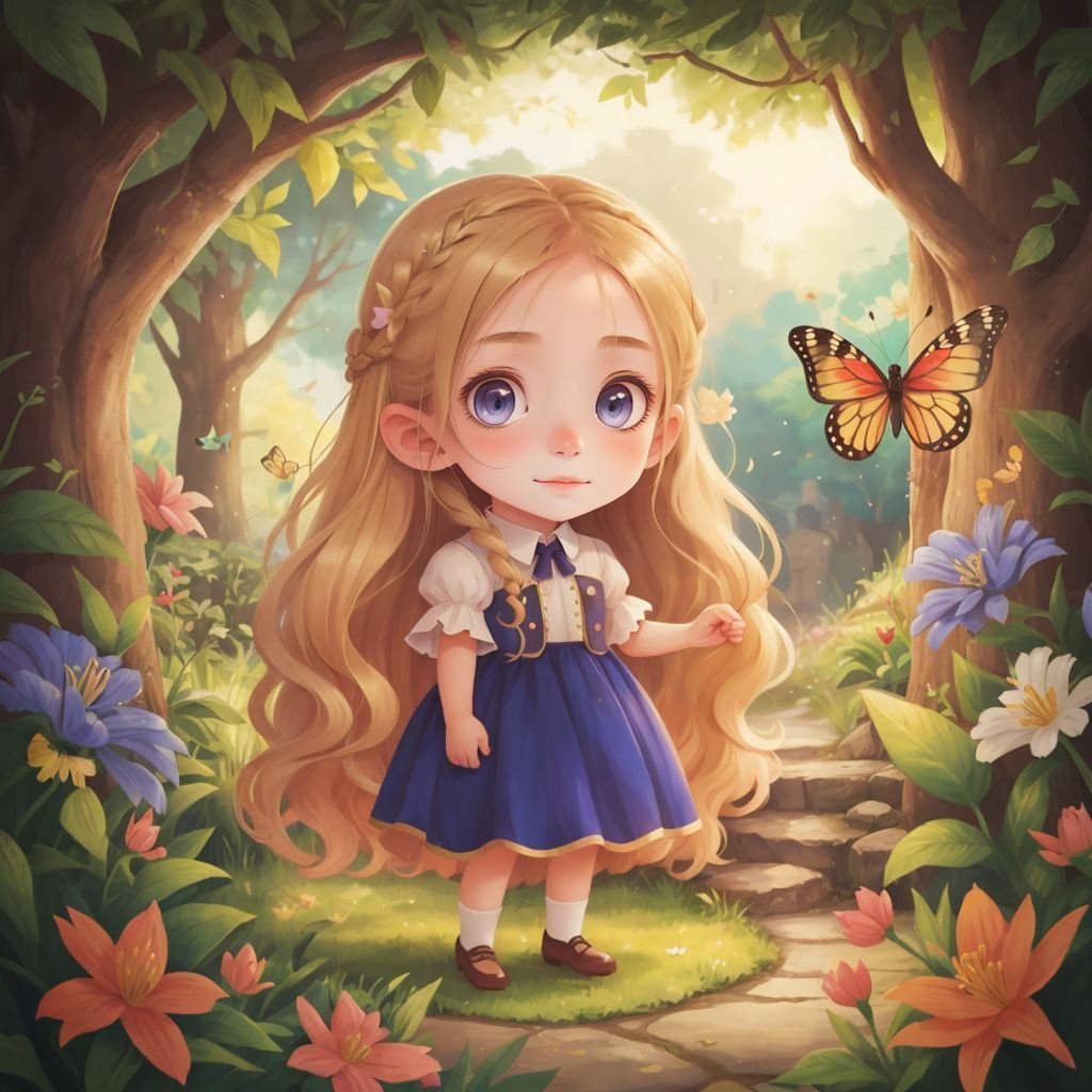 Princess Lily standing in a lush royal garden, looking at a beautiful rainbow butterfly.