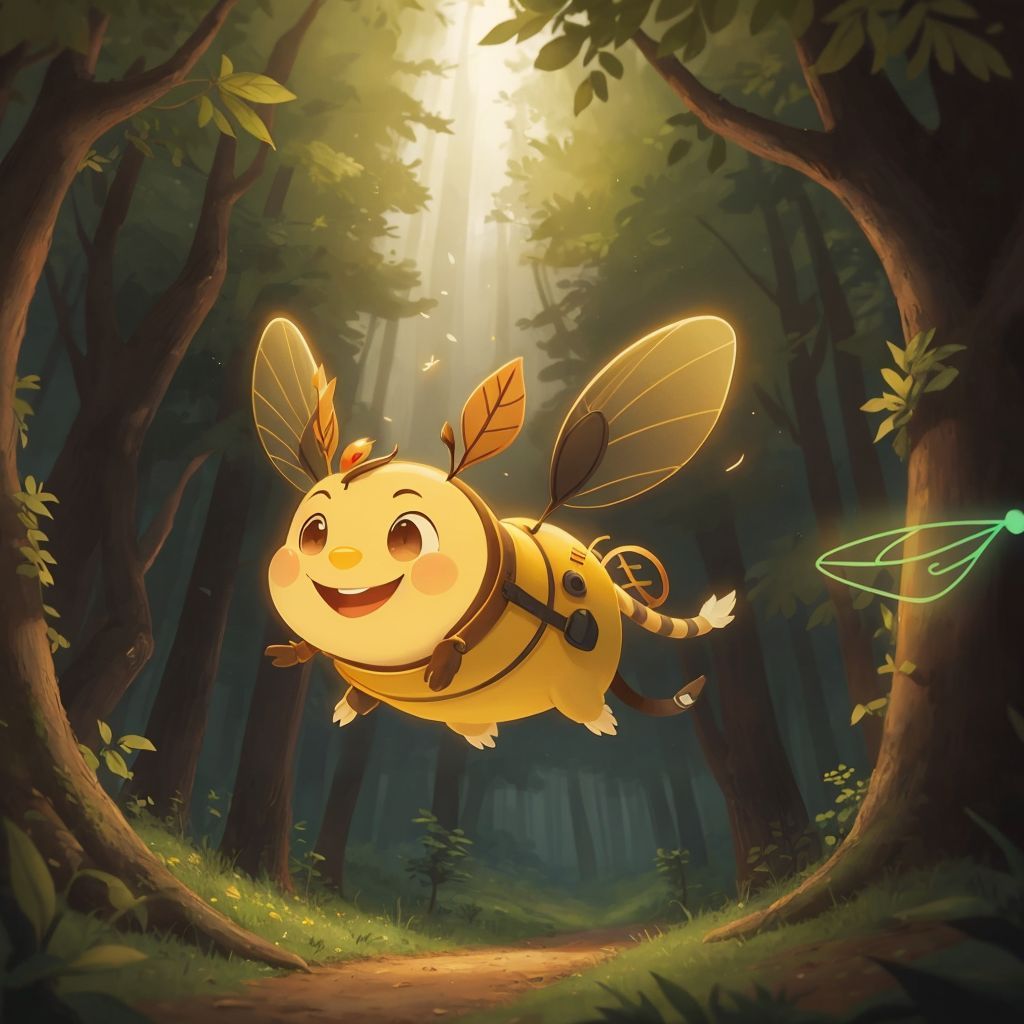 Spark flying through a bright forest with a glowing tail, illuminating the surroundings