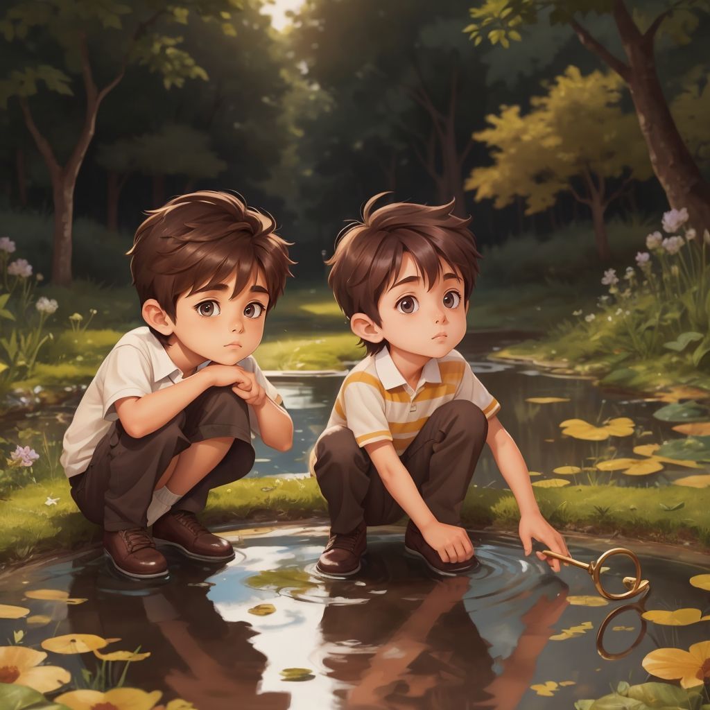 Noah and Jherry discovering a shiny key near a beautiful pond