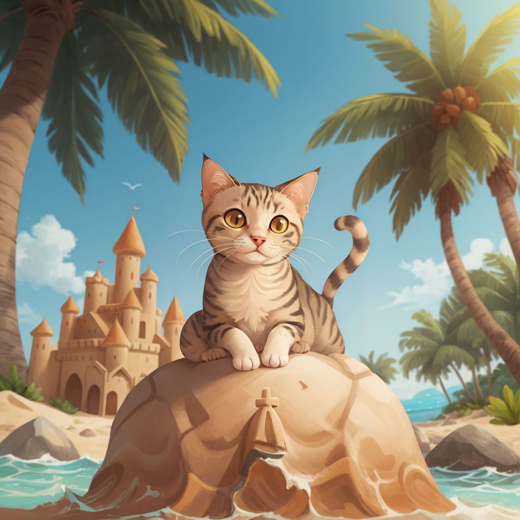 Anne the cat focused on building an elaborate sandcastle on a sunny beach with waves in the background