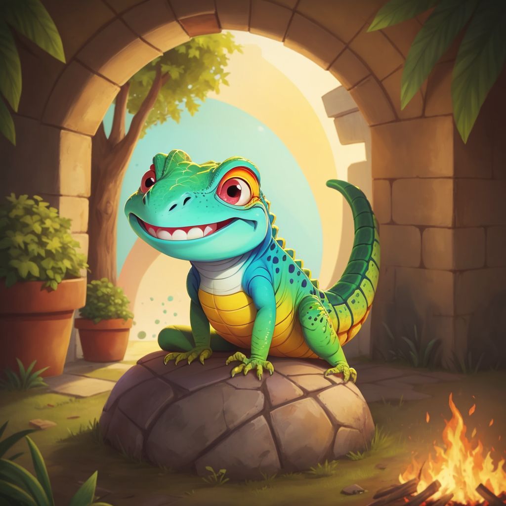 A colorful lizard with a smile sharing tales of sunny Italy by the fire