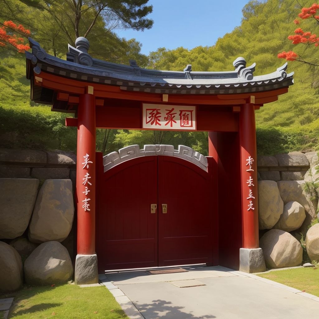 The red stone gate of 麻笏圍 with the words '鬱蔥' inscribed on it.