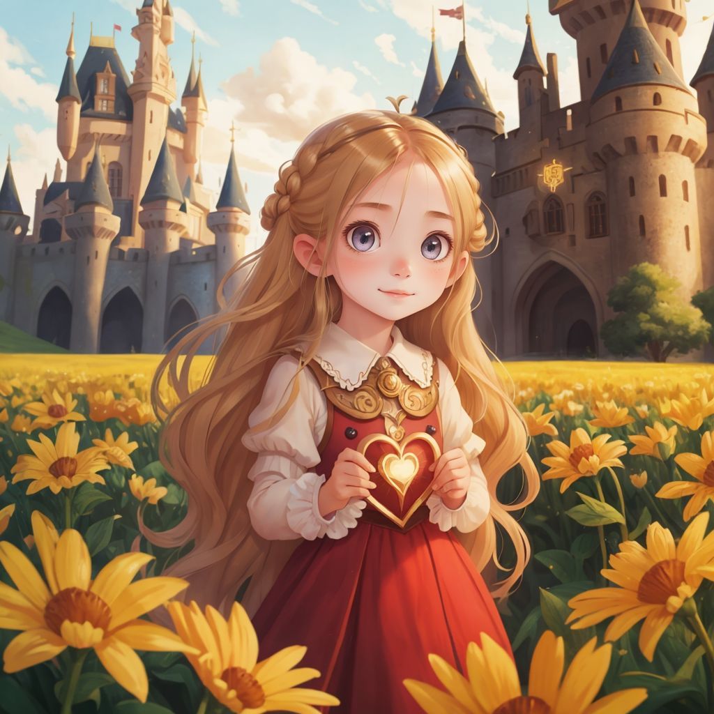Princess Lily holding a magical heart compass in her hand, standing in front of the castle.