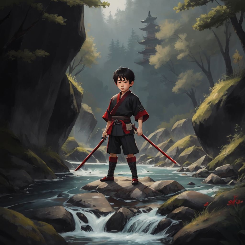 Kaïto standing respectfully by a very wide, deep, rushing river, with no bridge and the waters parting to create a path.