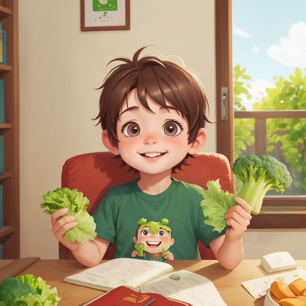 Benny smiling, holding a piece of lettuce in one hand and looking at Brody the Broccoli with Lucy the Lettuce nearby