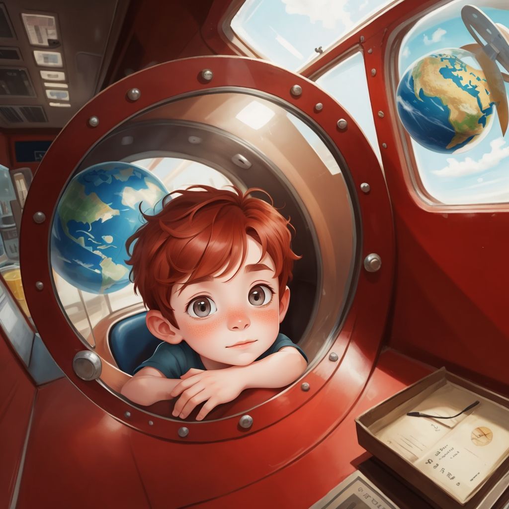 Ali looking out the window of the flying saucer, Earth visible as a big blue marble