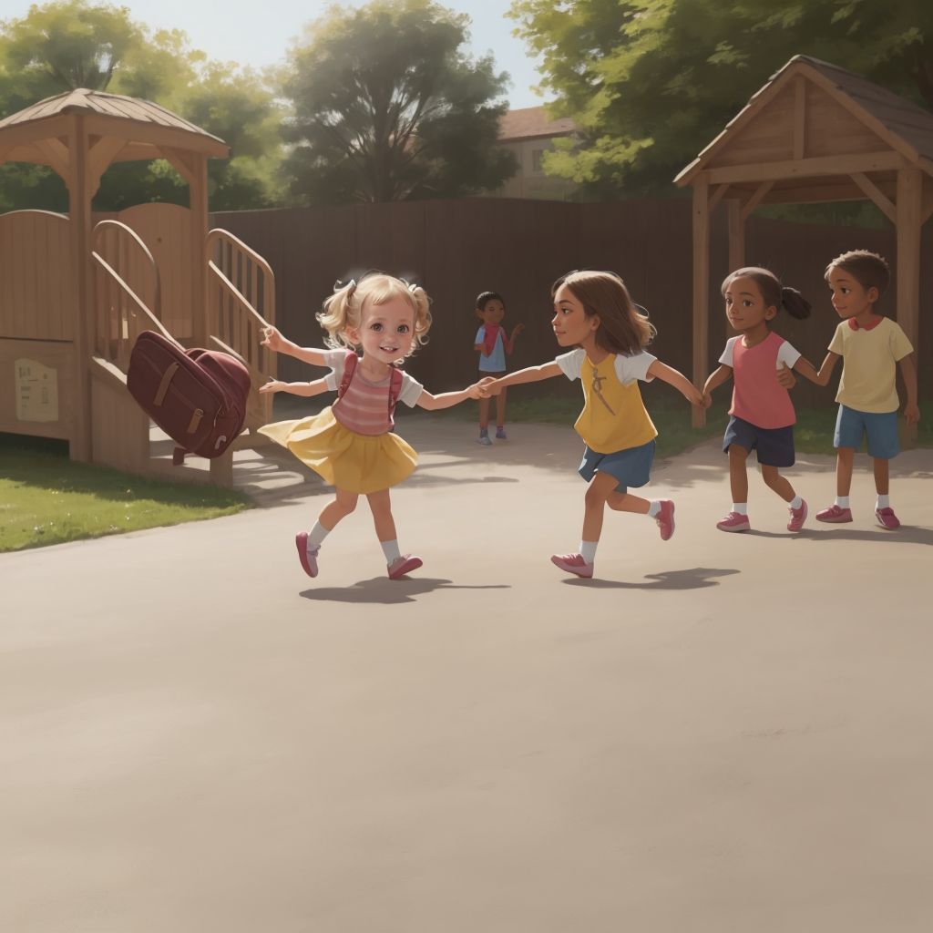 Kensie playing tag with a group of diverse children on the playground, all laughing and having fun