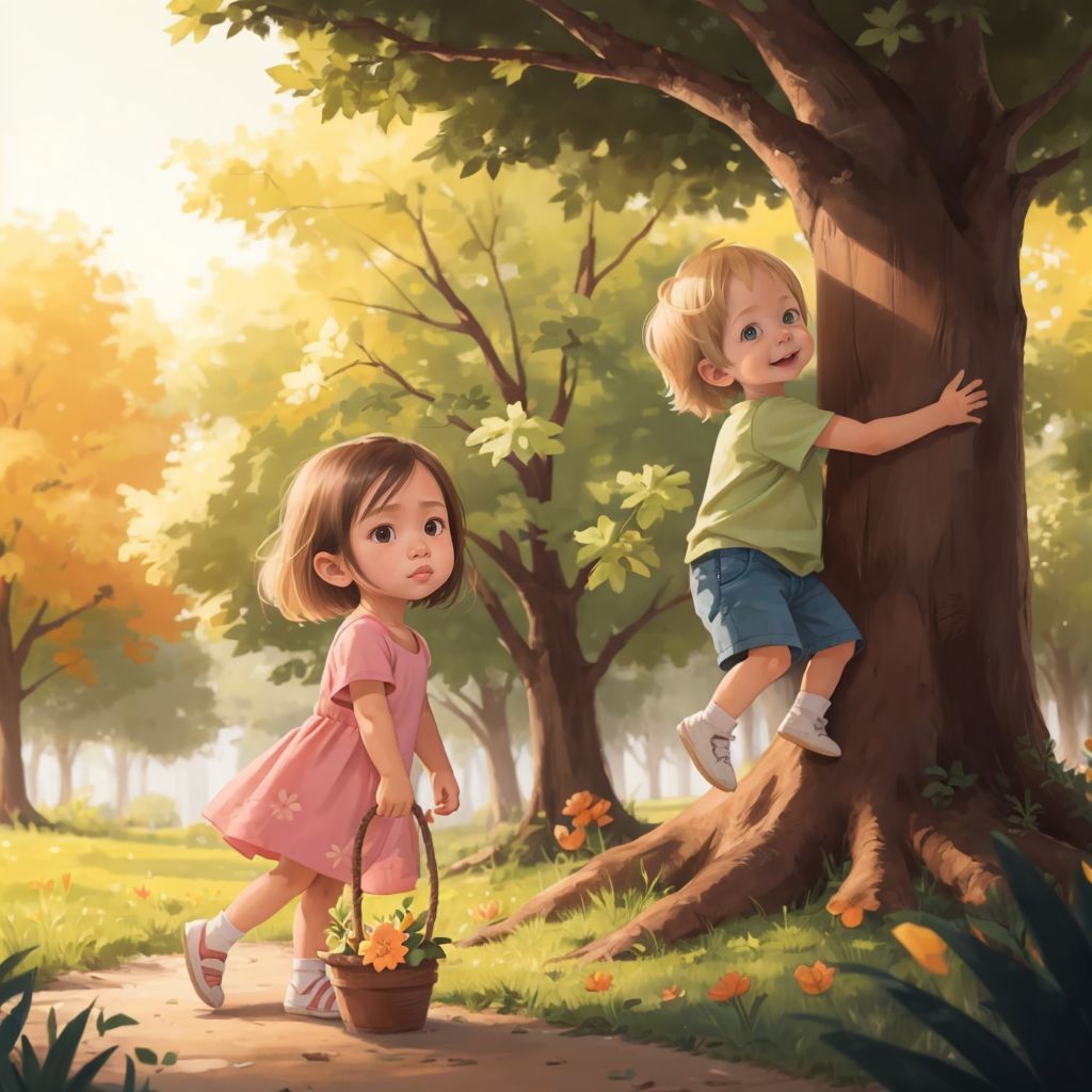 Ewan by a tree in the park and Elowyn looking at an orange flower in the foreground.