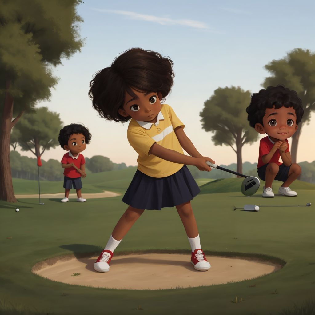 Clara is an 8 year old African American girl, she is holding a golf club, standing in a proper stance, with Ty in the background cheering her on.