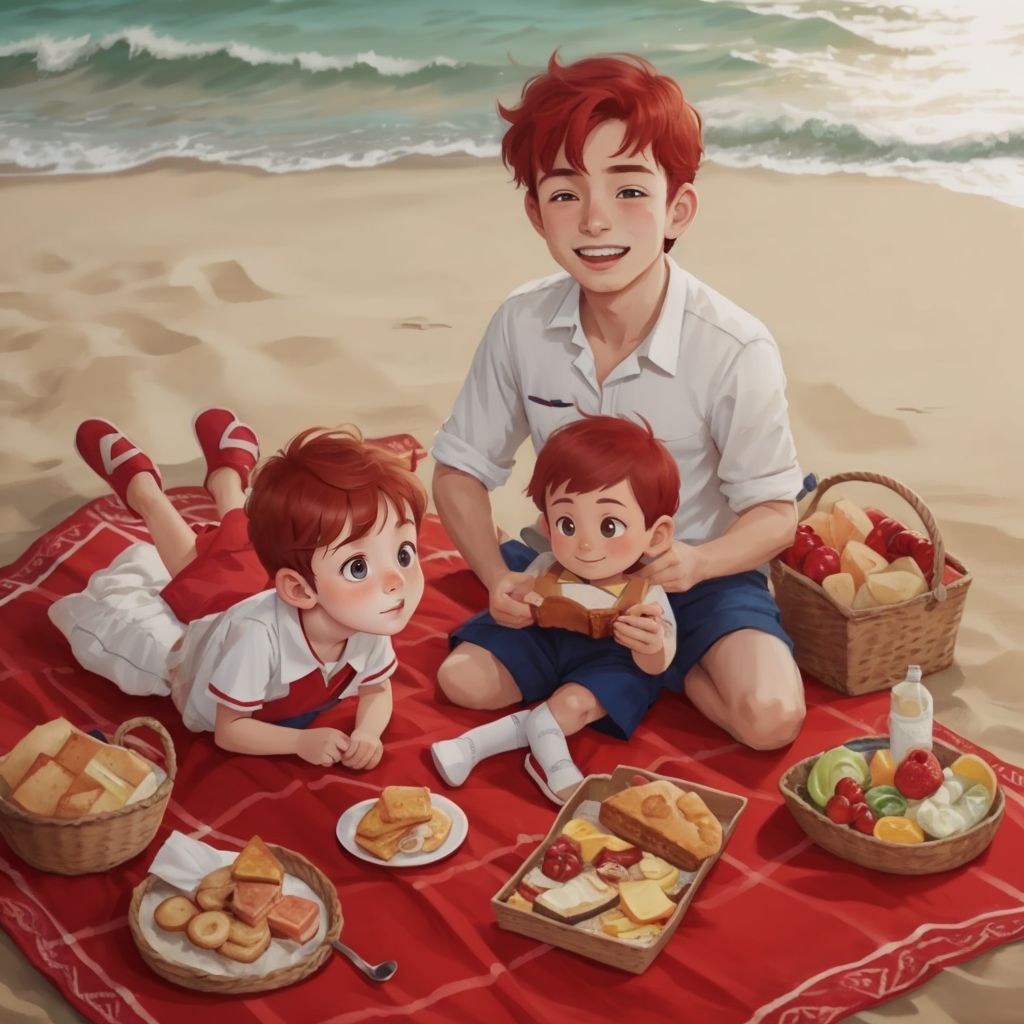 Ali and Groog sitting on a picnic blanket, eating sandwiches and cookies, with the ocean in the background.