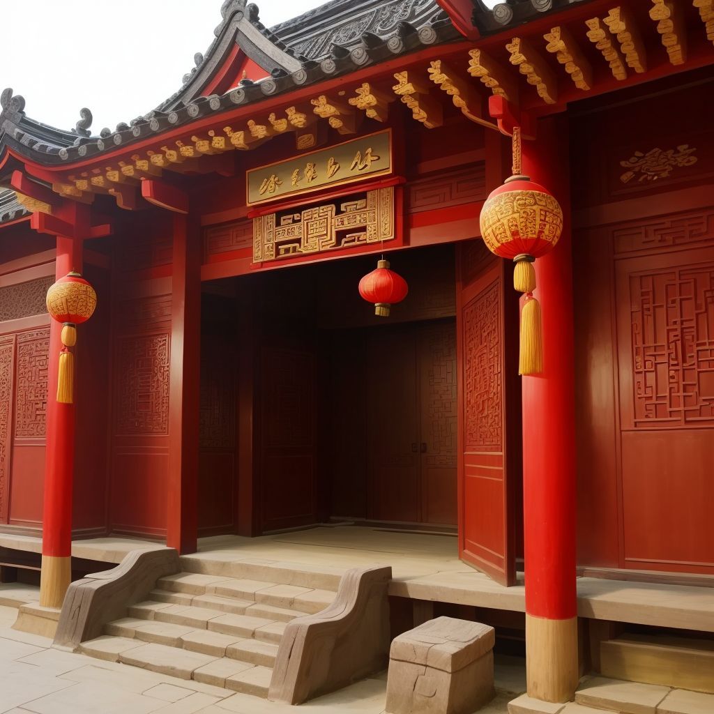 Traditional Chinese buildings of 龍躍頭, focusing on the intricate carvings of 松嶺鄧公祠.