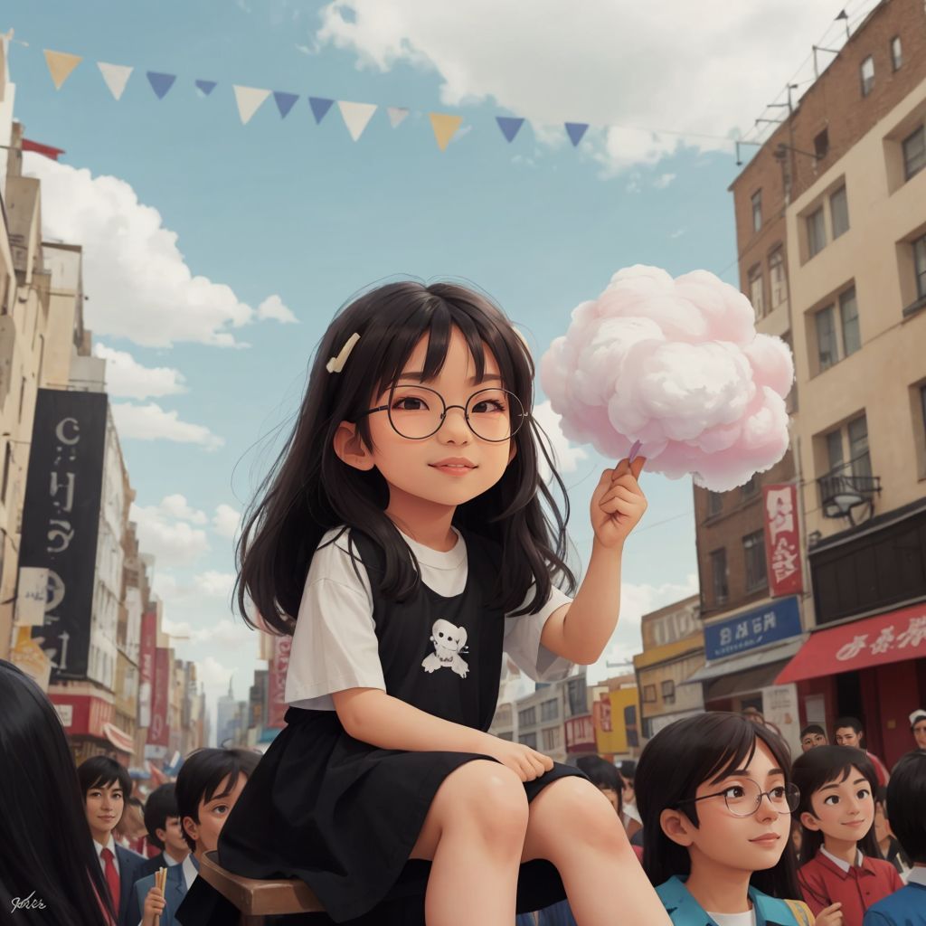 Hebe enjoying a big, fluffy cotton candy while sitting and watching a parade go by