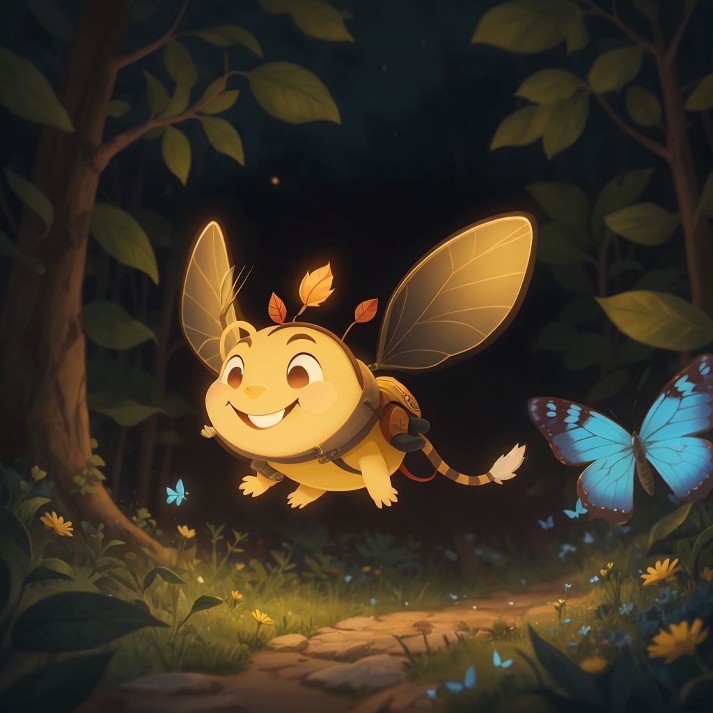 Spark sharing his light with a blue butterfly, making the butterfly's wings glow