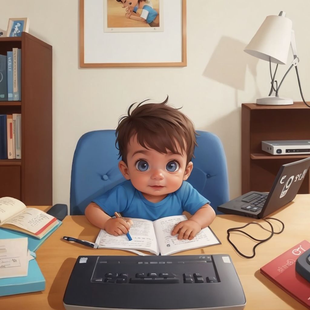John Jr sitting at a computer, looking intently at the screen with a curious expression