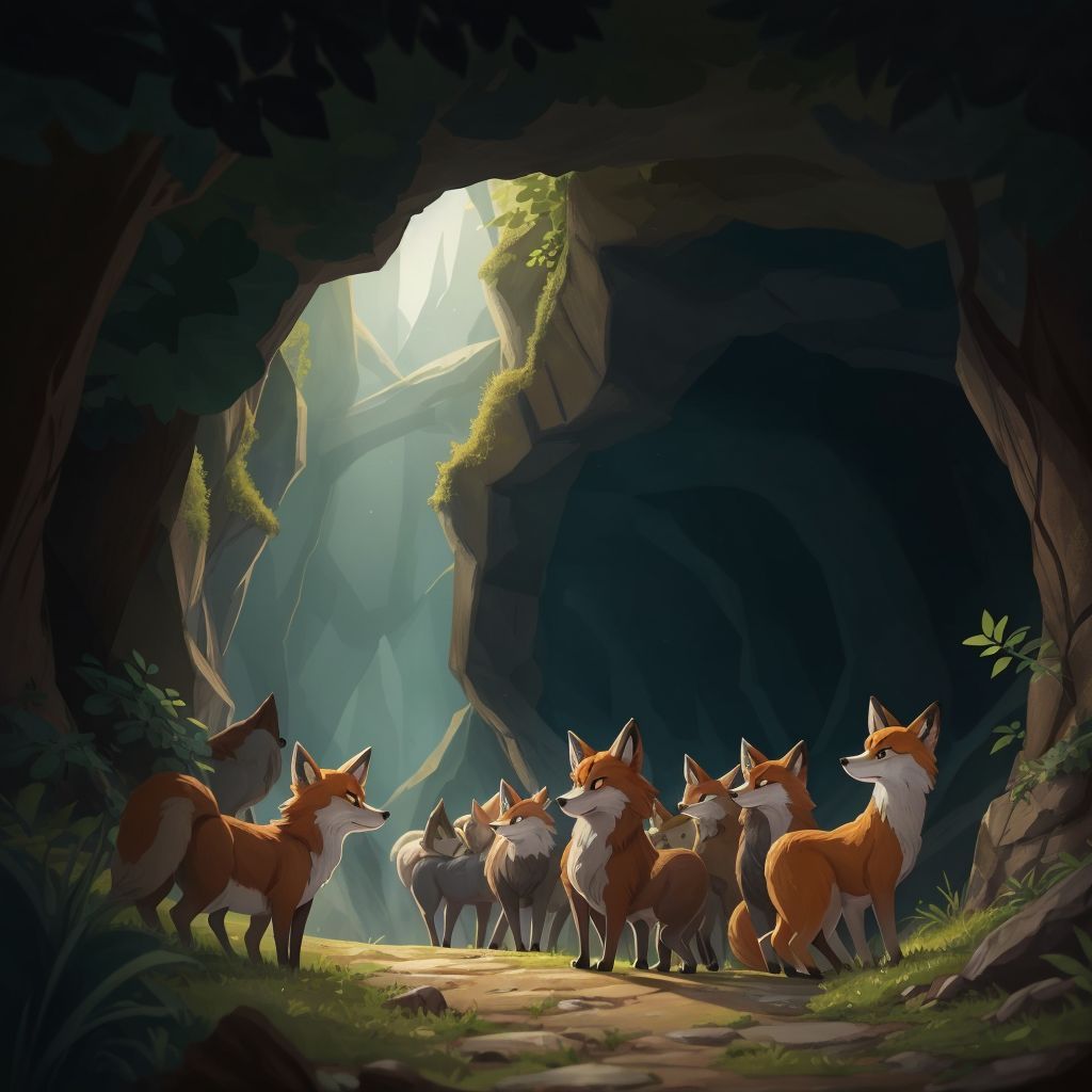 A group of sly foxes lurking near a dark cave entrance