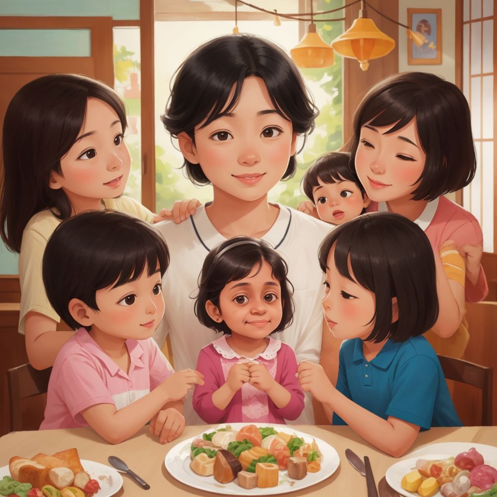 Amita as a young girl in a vibrant family setting, surrounded by loving parents and grandparents