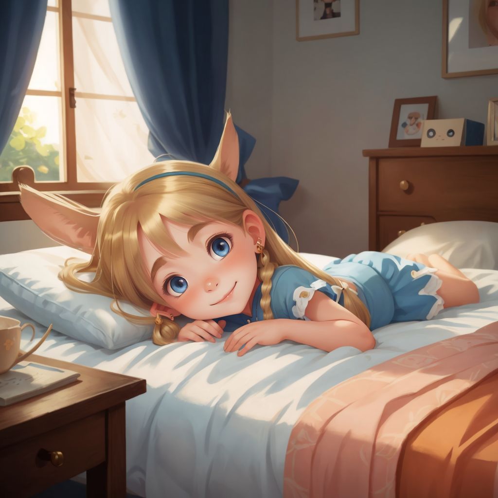 Nika lying in bed, smiling and thinking about the day.