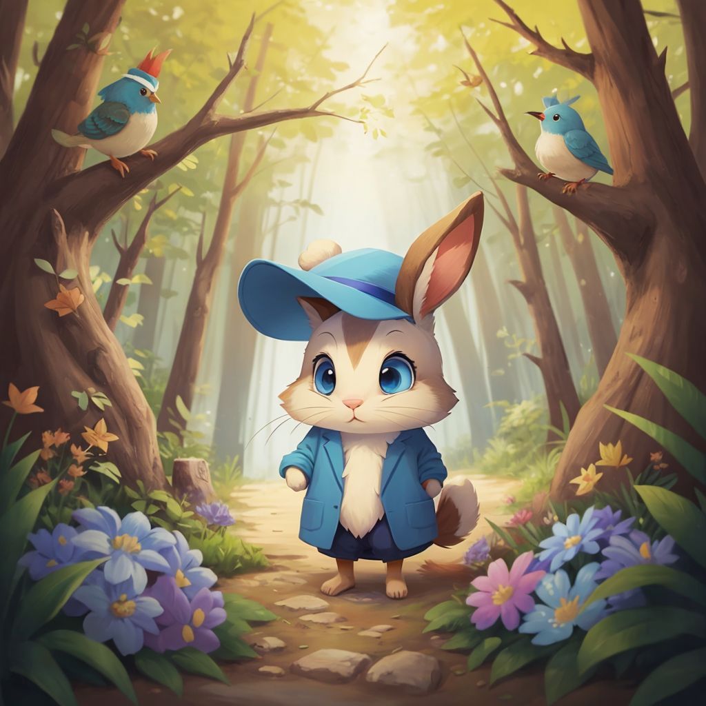 Benny the rabbit wearing his blue hat, standing at the entrance of a lush forest filled with colorful flowers and singing birds