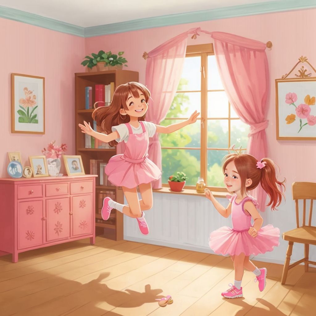 A woman with a warm smile standing at a window, watching Grace outside with her sparkly pink running shoes.